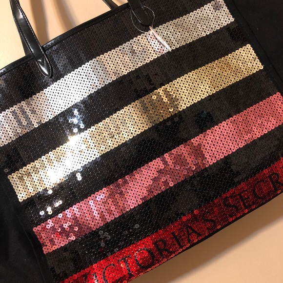 NEW Victoria's Secret Bling Sequin Striped Carryall Tote Bag! - Picture 3 of 5